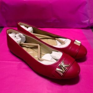 NWOB Michael Kors Leather Jilly Round Toe Ballet Flats Red/Gold MK Accent Sz 7M